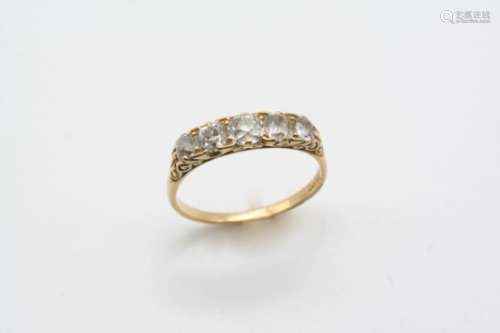 A DIAMOND FIVE STONE RING the five graduated cushion-shaped diamonds are set in 18ct. gold. Size S.
