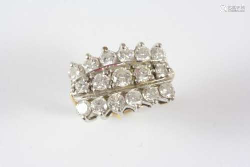 A DIAMOND THREE ROW RING formed with three rows of graduated brilliant-cut diamonds, in 14ct.