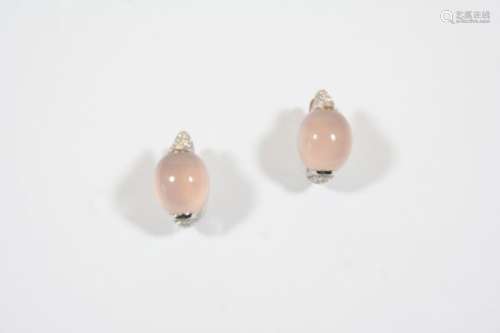 A PAIR OF ROSE QUARTZ AND DIAMOND EARRINGS BY ROBERTO COIN each earring set with an oval-shaped rose