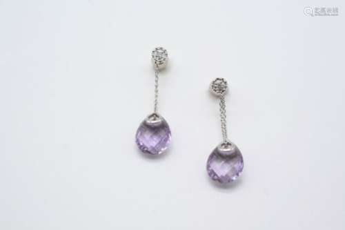 A PAIR OF AMETHYST AND DIAMOND DROP EARRINGS each earring with a briolette amethyst drop suspended