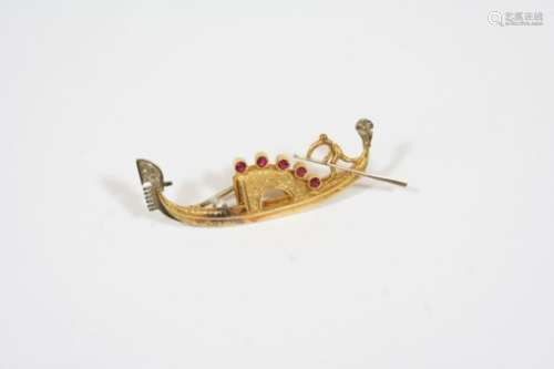 AN 18CT. GOLD GONDOLIER BROOCH mounted with a circular-cut diamond and five circular-cut rubies,