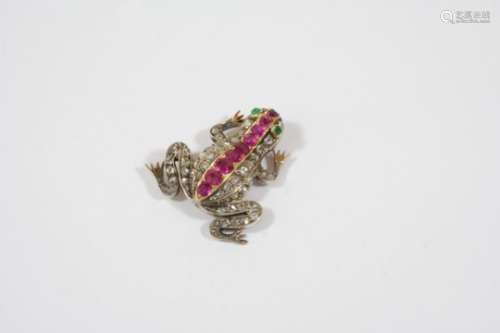 A VICTORIAN DIAMOND AND GEM FROG BROOCH realistically formed, the body mounted with rose-cut