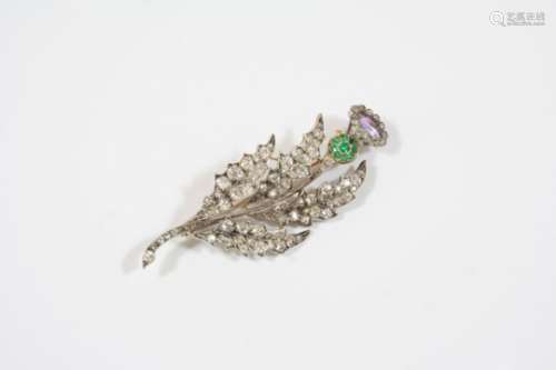 A VICTORIAN DIAMOND AND GEM SET THISTLE BROOCH set overall with graduated old brilliant-cut