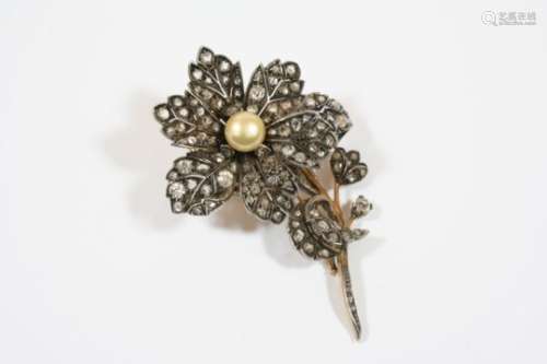 A VICTORIAN DIAMOND FOLIATE BROOCH set overall with cushion-shaped and rose-cut diamonds, the