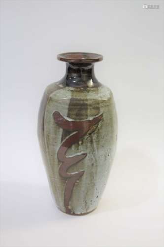 DAVID LEACH - STUDIO POTTERY VASE a large stoneware vase, with a green and brown speckled glaze