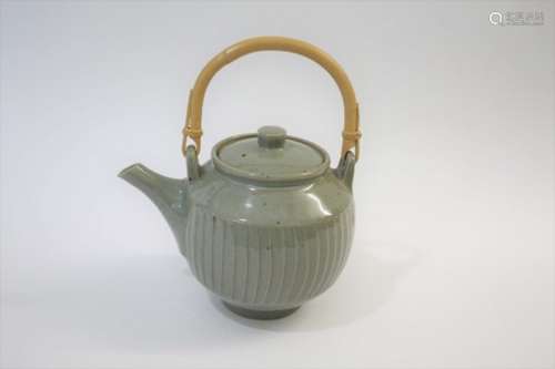 DAVID LEACH - STUDIO POTTERY TEAPOT a large cut sided stoneware teapot with a celadon glaze and