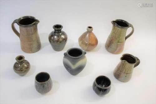 JOHN LEACH - MUCHELNEY POTTERY a variety of Muchelney Pottery, including a black burnished vase with