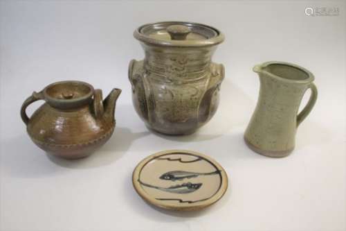 MICK CASSON (1925-2003) a large stoneware salt glazed 2 handled storage pot, and a celadon glazed