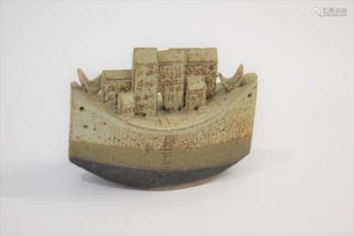 ALLER STUDIO POTTERY - BRYAN NEWMAN a small stoneware pottery sculpture, with buildings on the top