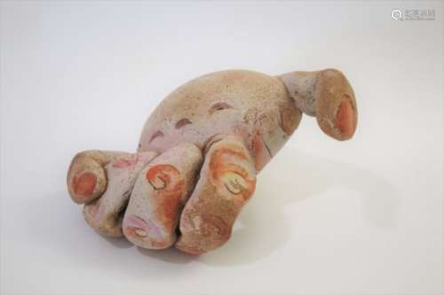 JILL CROWLEY (BORN 1946) a hand built stoneware sculpture of a hand, incised signature J Crowley.
