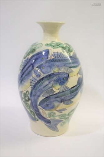 ADRIAN BROUGH (BORN 1962) - LARGE STUDIO POTTERY VASE the large pottery vase painted with Fish and
