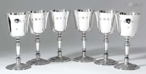 A set of six Elizabeth II silver goblets with plain bowls, tapered stems, on circular footrims
