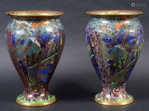 PAIR OF WEDGWOOD FAIRYLAND LUSTRE VASES a pair of vases in the Imps on a Bridge design on a blue