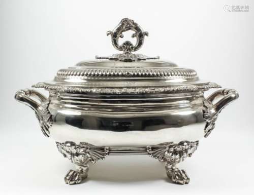 A good George IV silver oval two-handled tureen and cover, the slightly domed cover with cast lion