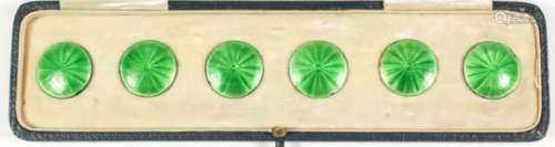 A set of six George V silver and green enamel circular buttons with engine turned ornament, 16mm