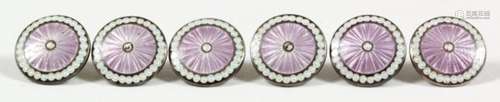 A set of six Edward VII silver, lilac and white enamel circular buttons with engine turned ornament,