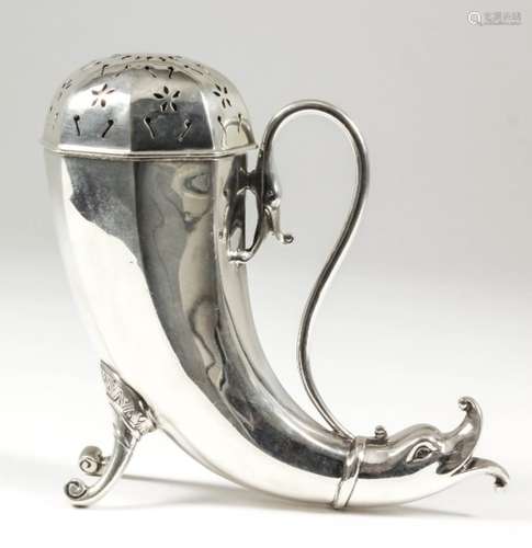 An early 20th Century Continental silver horn pattern sugar caster of octagonal form with animal