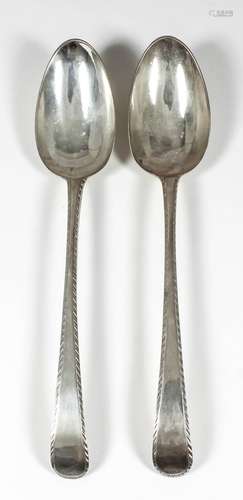 A pair of George III silver thread pattern table spoons, maker's mark rubbed, London 1778 (weight