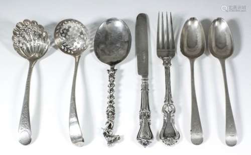 Five George III silver dessert spoons, by Walter Tweedie, London 1773 (monogrammed), two silver