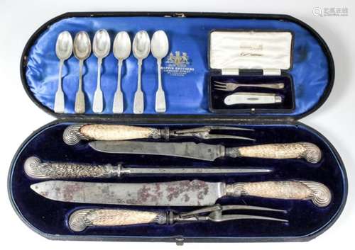 A Victorian horn and silver mounted five-piece carving set with reeded scroll terminals to