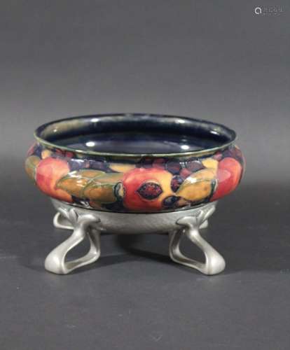 MOORCROFT POMEGRANATE BOWL & PEWTER STAND the bowl painted in the Pomegranate design on a blue