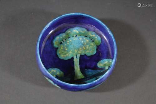 MOORCROFT BOWL - MOONLIT BLUE the bowl painted in the Moonlit Blue design, the trees painted