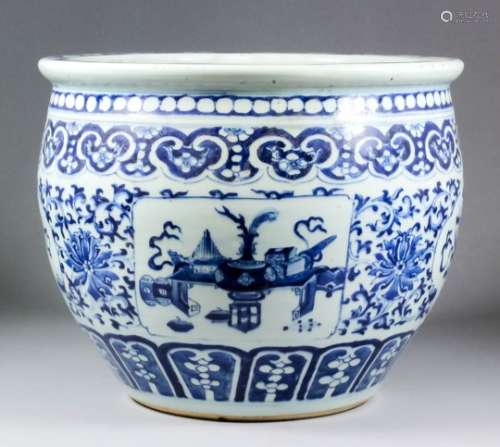 A Chinese blue and white porcelain fish bowl, painted with precious objects within shaped