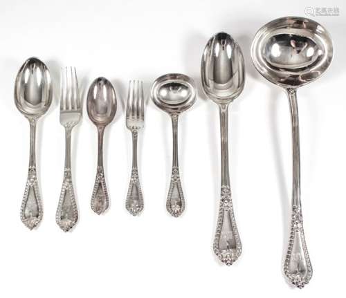 A Victorian silver part table service, the shaped and moulded handles with oval bead mounts and