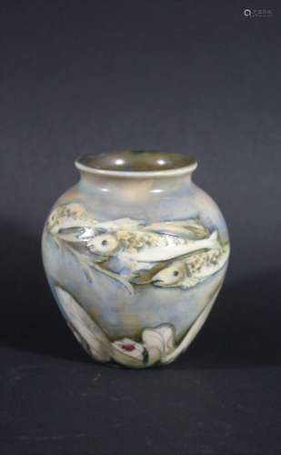 MOORCROFT MINIATURE SALT GLAZED VASE - FISH a miniature salt glazed vase, painted with Fish and