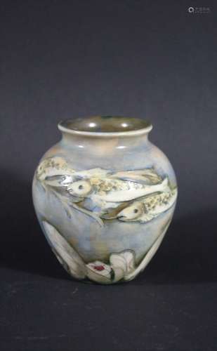 MOORCROFT MINIATURE SALT GLAZED VASE - FISH a miniature salt glazed vase, painted with Fish and