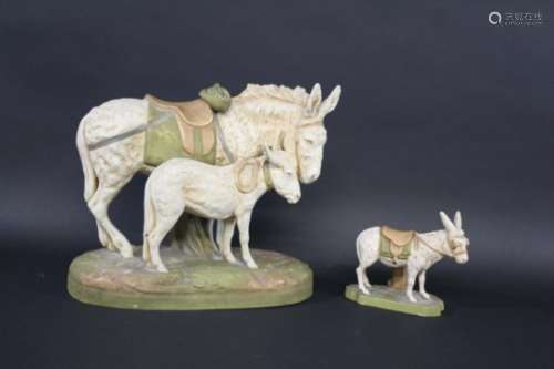 ROYAL DUX GROUP - DONKEY & FOAL a large pottery group of a Donkey and Foal, painted in typical