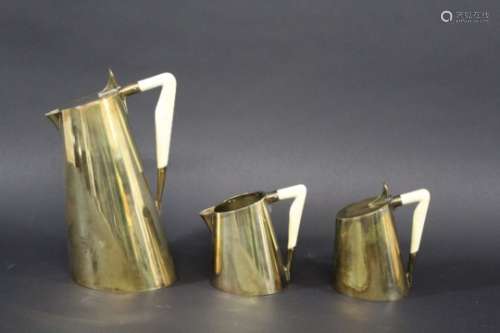 ART NOUVEAU TEA SET a brass tea set of angular shape, comprising a teapot, lidded sugar bowl and