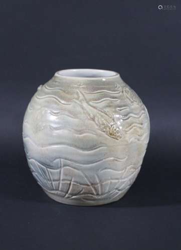 ROYAL DOULTON FISH VASE - VERA HUGGINS the stoneware vase with a raised and incised design of