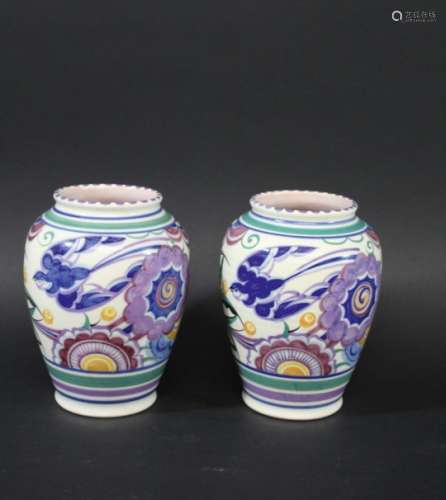 PAIR OF POOLE POTTERY VASES shape number 442 and painted with Birds and stylised flowers and foliage
