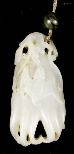 A Chinese pale celadon jade pendant carved in the form of a squid and a bat, 2.75ins (7cm) high x