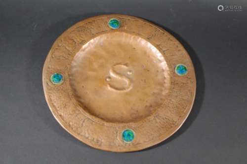 ARTS & CRAFTS COPPER TRAY a hand beaten circular tray, inset with Ruskin style roundels and with