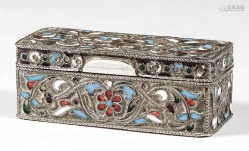 A late 19th Century Russian silvery metal and champleve enamel rectangular box decorated with floral