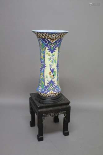 LARGE SARRAGUEMINES VASE & CHINESE WOODEN STAND possibly made for a exhibition, the large vase