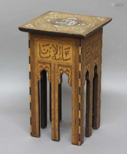 MOORISH OCCASIONAL TABLE possibly retailed by Liberty & Co, the square top inlaid with mother and