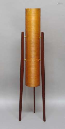 RETRO ROCKET LAMP a mid 20thc lamp with a cylindrical spun fibreglass shade, mounted on slender teak