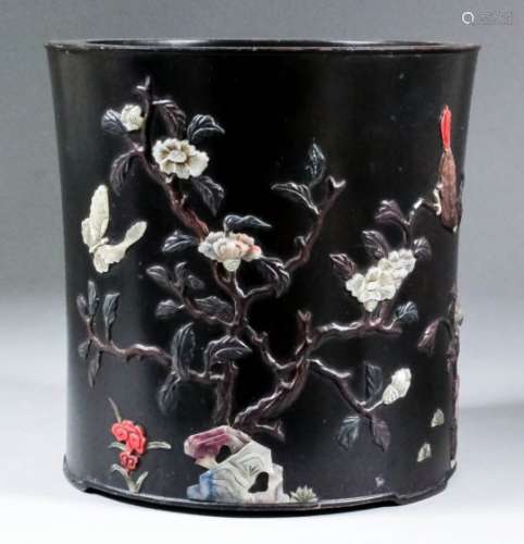 A modern Chinese hardwood brush pot in the Kangxi manner, inlaid in composition in imitation of