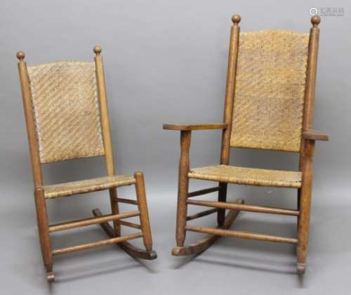 TWO AMERICAN SHAKER ROCKING CHAIRS including an oak rocking chair with flared arms and woven seat