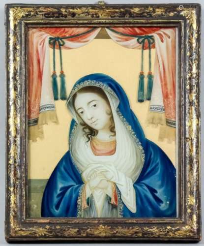 An 18th Century Chinese Export reverse painting on glass of the Virgin Mary, her hands clasped in