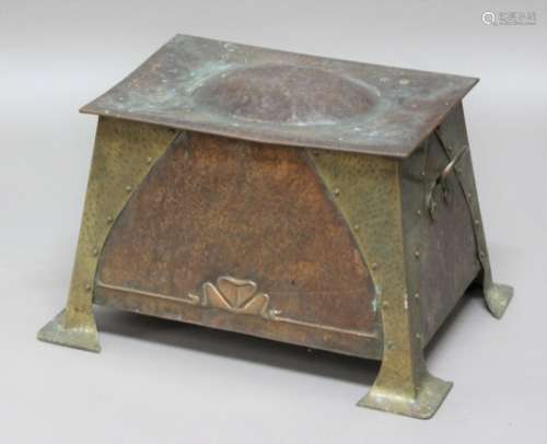 ARTS & CRAFTS COAL BOX a copper and brass coal box with dome top, hand beaten finish with exposed