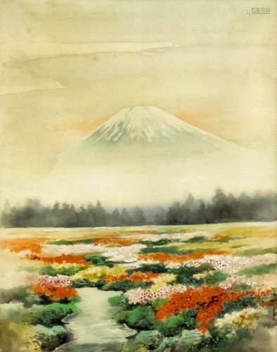 Kako Morita (1870-circa 1931) - Four watercolours on silk - Mount Fuji and azaleas, cherry