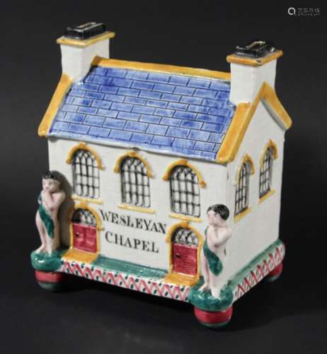 PEARLWARE WESLEYAN CHAPEL MONEY BOX, mid 19th century, titled beneath the three gothic, arched