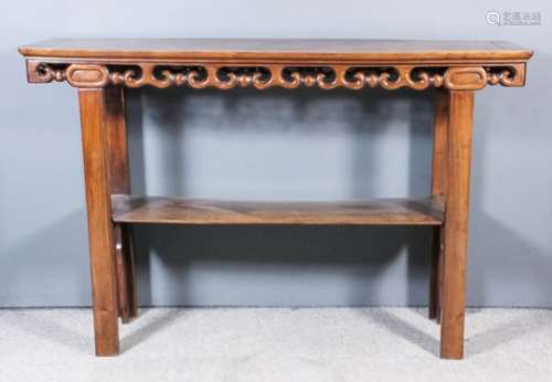 A Chinese rosewood rectangular altar table with plain flush panel top, the apron to the front and