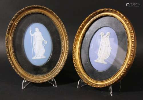 PAIR OF WEDGWOOD BLUE JASPER PLAQUES, 19th century, each of a maiden with a cornucopia or a peacock,