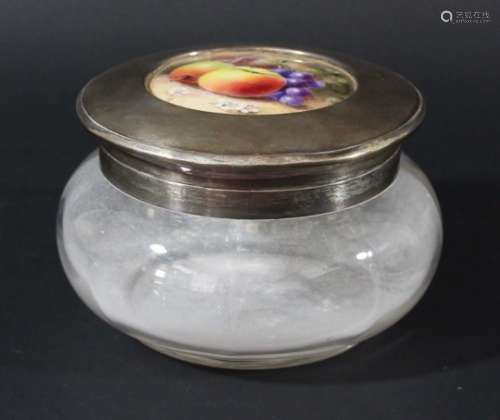 ROYAL WORCESTER MOUNTED GLASS AND SILVER POWDER JAR, the plaque with a date code for 1912, signed
