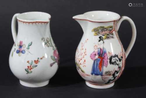 LIVERPOOL PORCELAIN SPARROW BEAK JUG, circa 1770, polychrome painted with chinese figures, height